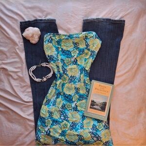 Floral Blue and Yellow Strapless Dress